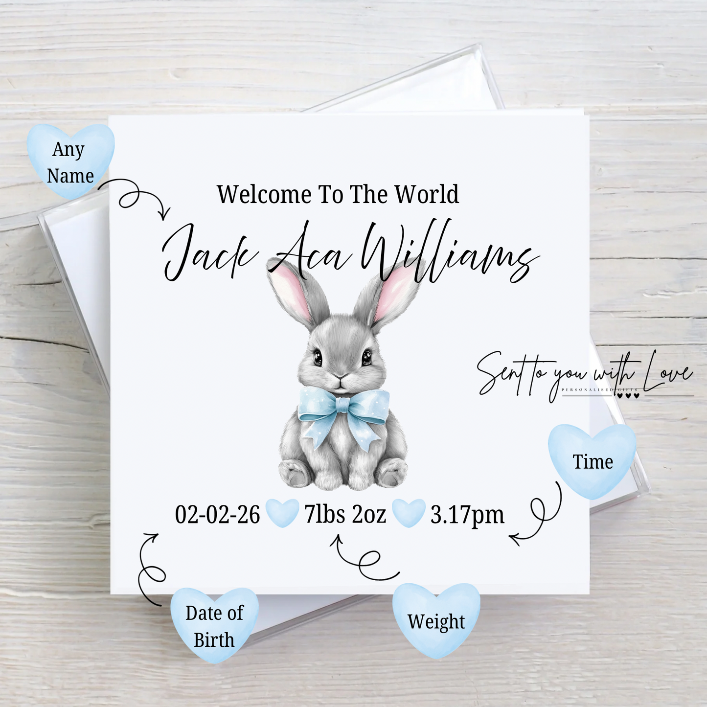 Personalised Baby Boy Bunny Welcome To The World Card- Custom Name, Time, Date of Birth & Weight