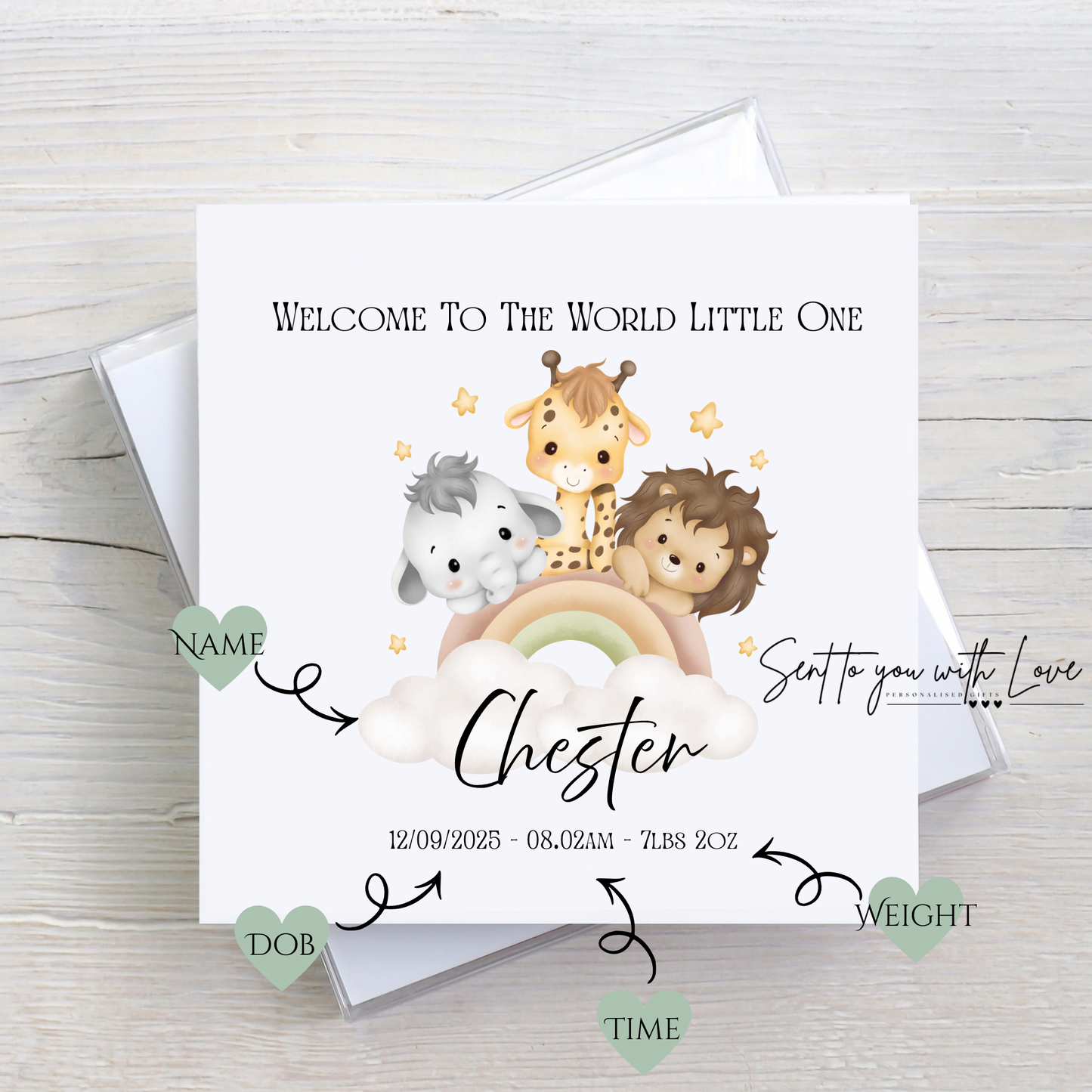 Personalised Baby Safari Theme Welcome To The World Card- Custom Name, Time, Date of Birth & Weight
