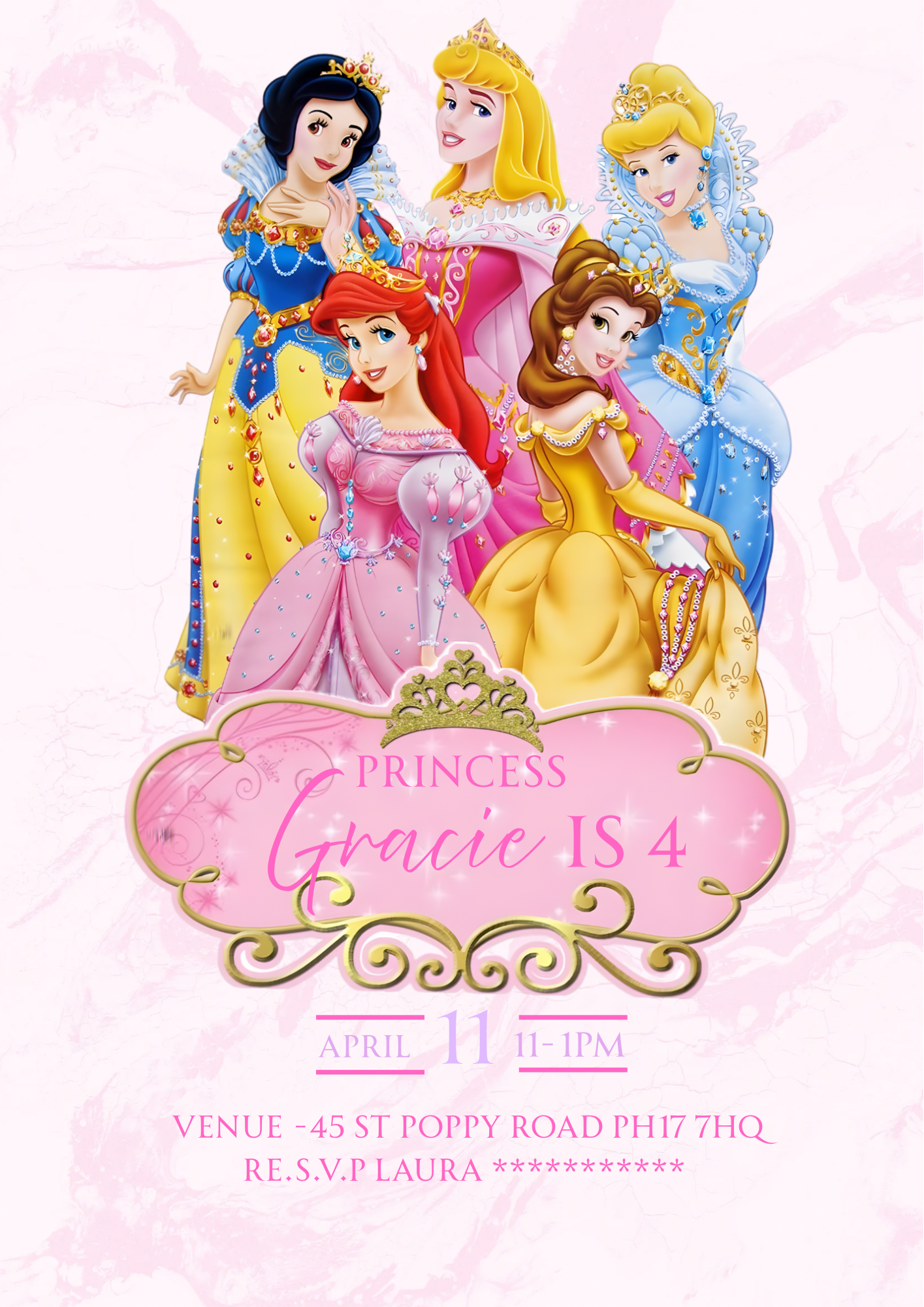 Personalised Princess Birthday Invitations Custom Any Details - Name, Age , Venue (10 per pack)