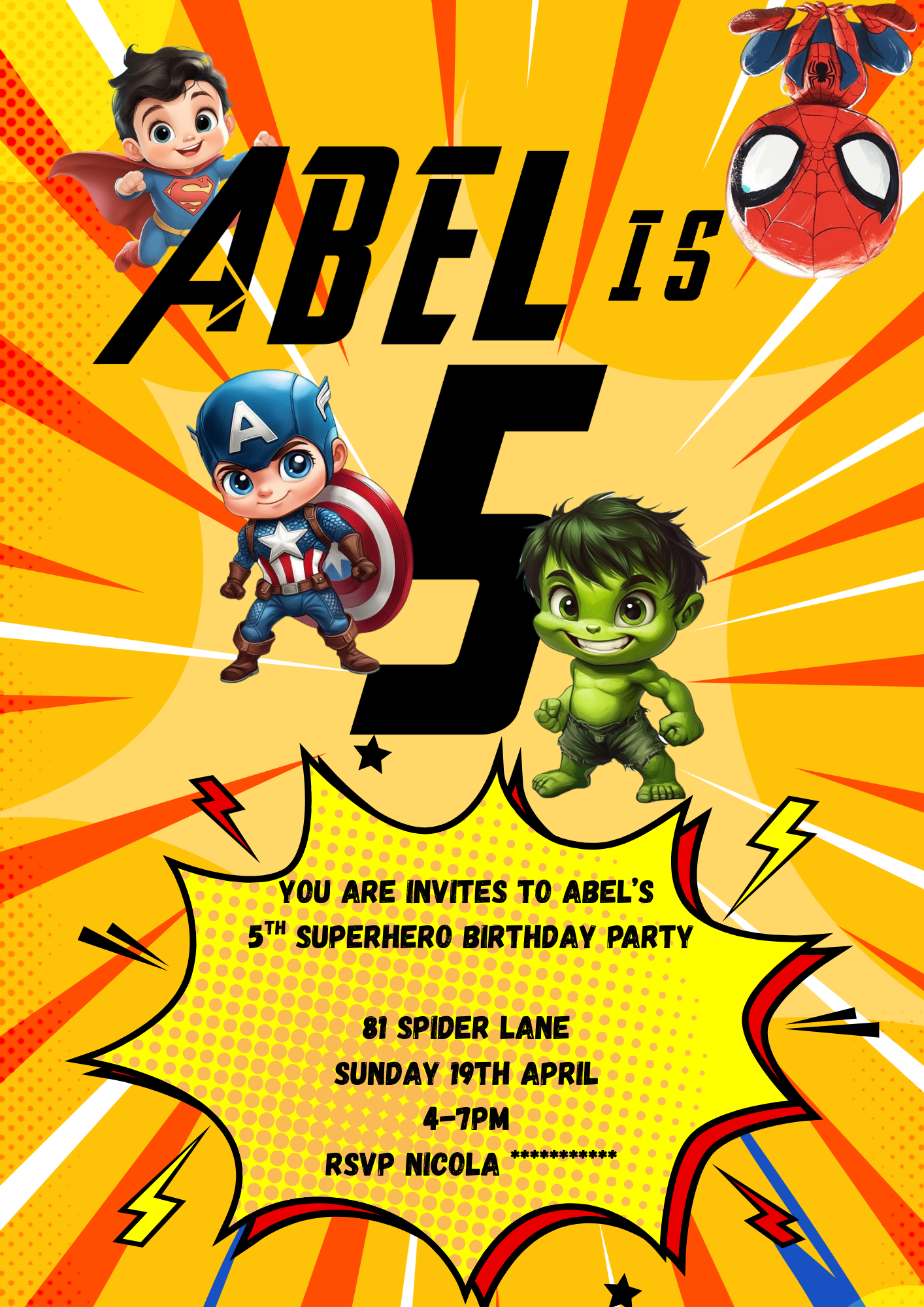 Personalised Marvel Superhero Birthday Invitations Custom Any Details - Name, Age , Venue (10 per pack)