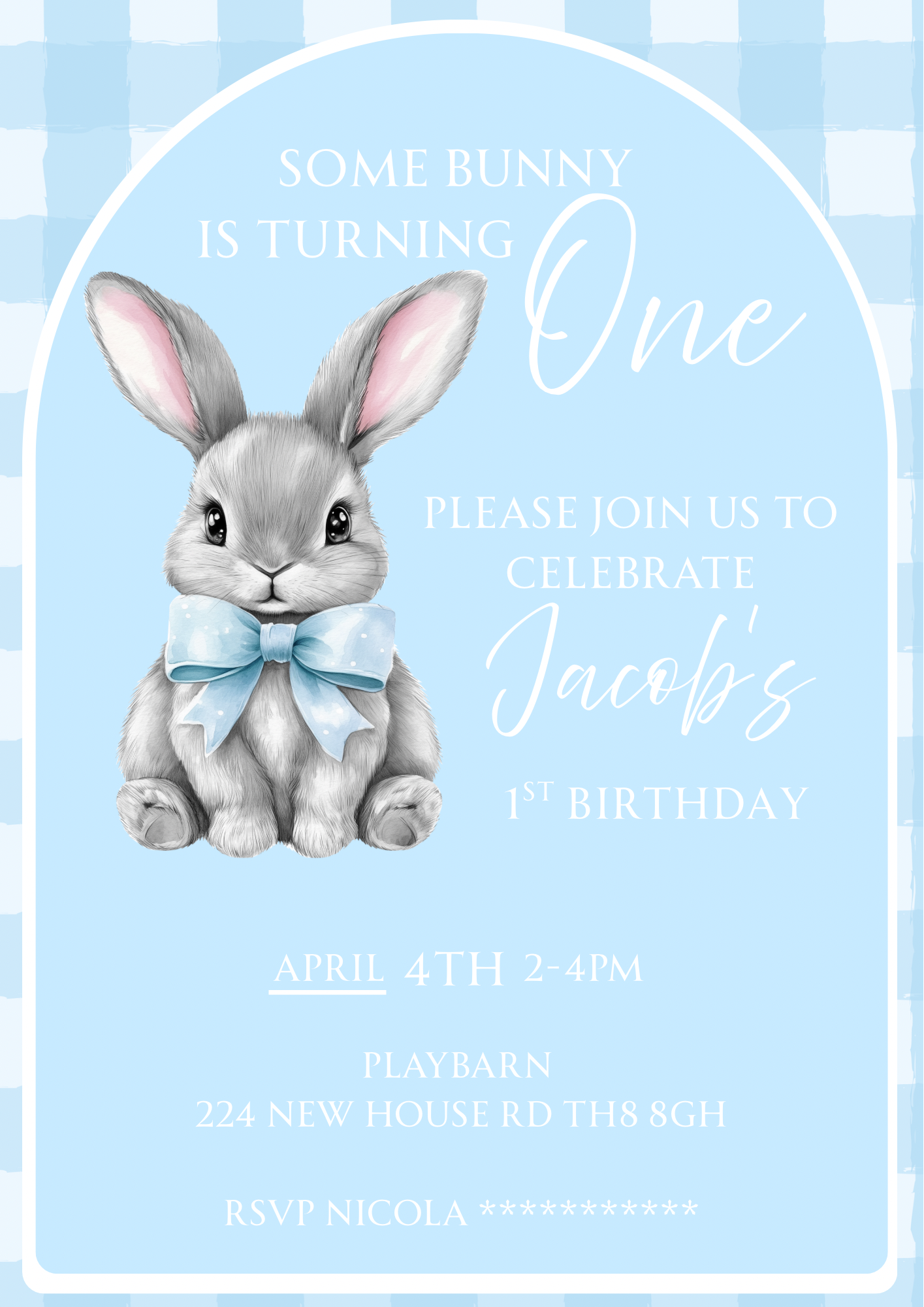 Personalised Bunny Blue Theme Birthday Invitations Custom Any Details - Name, Age, Venue (10 per pack)