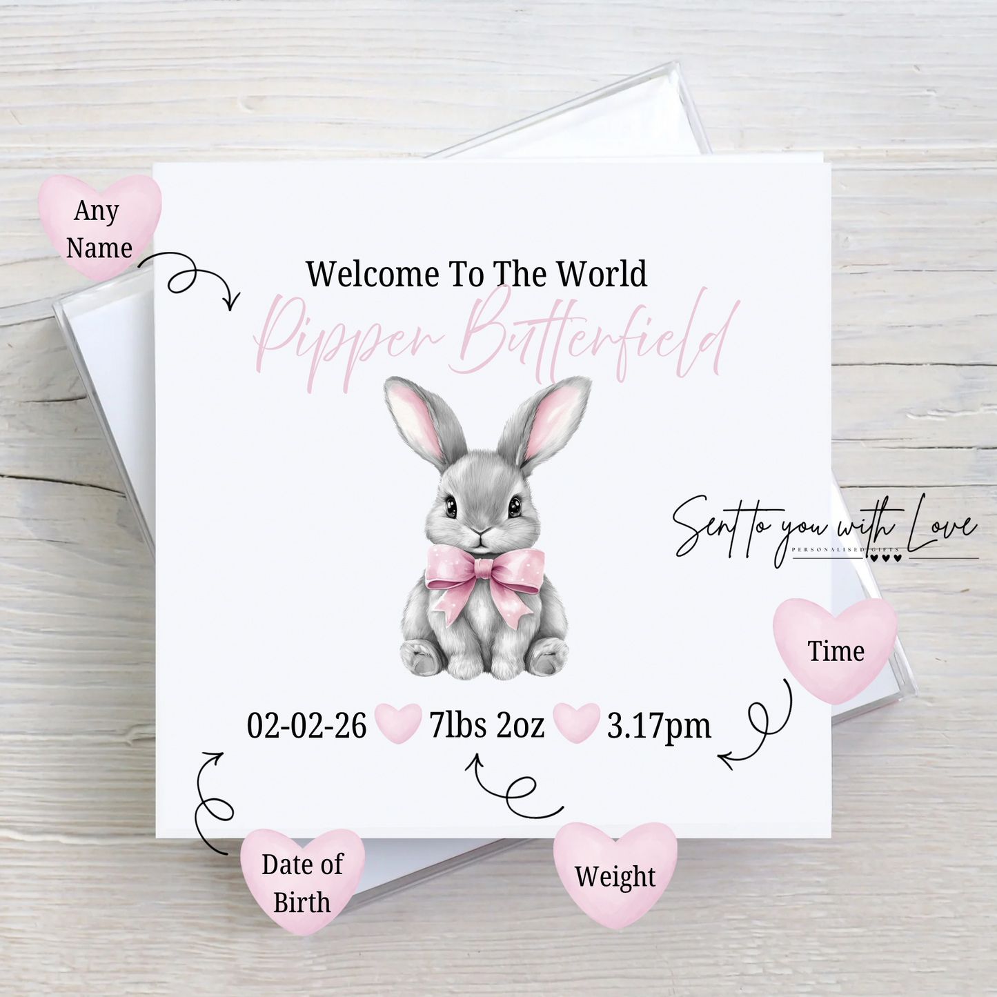 Personalised Baby Girl Bunny Welcome To The World Card- Custom Name, Time, Date of Birth & Weight