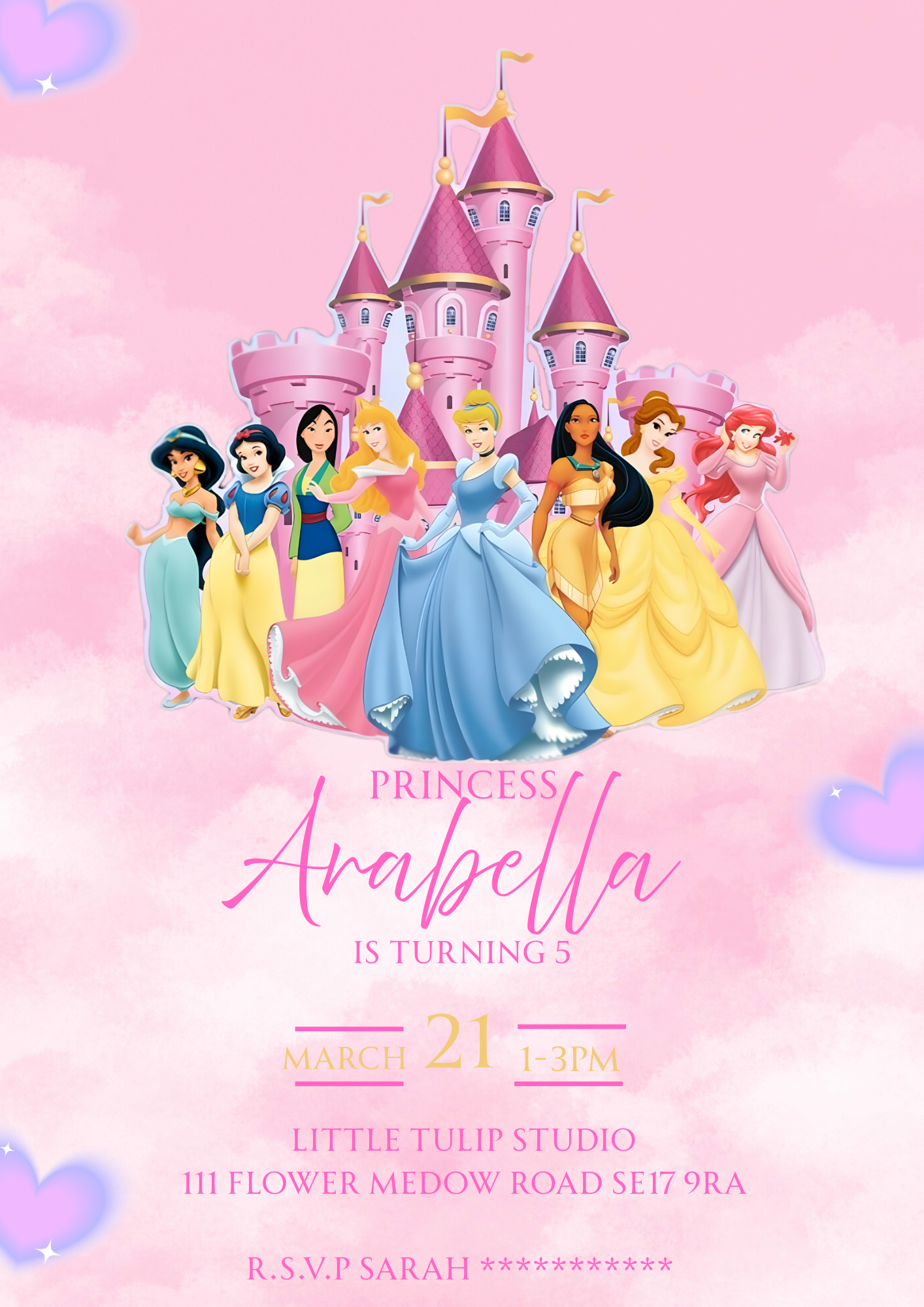Personalised Princess Castle Birthday Invitations Custom Any Details - Name, Age , Venue (10 per pack)