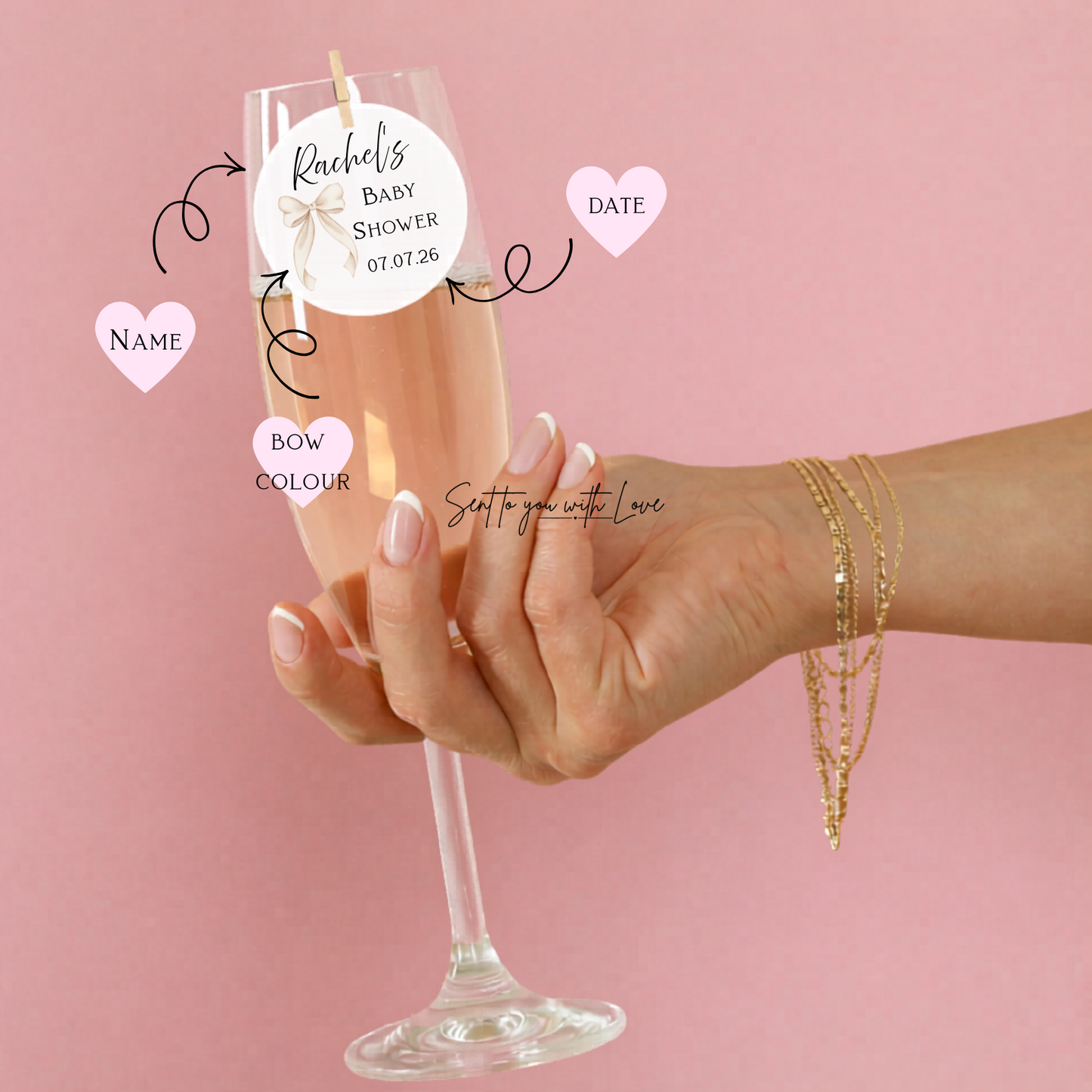 Personalised Drink Toppers Baby Shower Bow- Custom Name & Date Party Decorations (20per Pack)