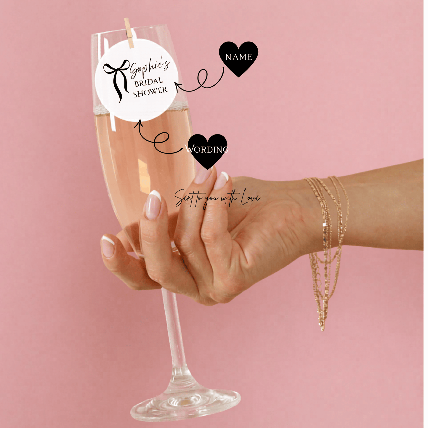 Personalised Drink Toppers Bridal Shower Bow- Custom Name Wedding & Party Decorations (20per Pack)
