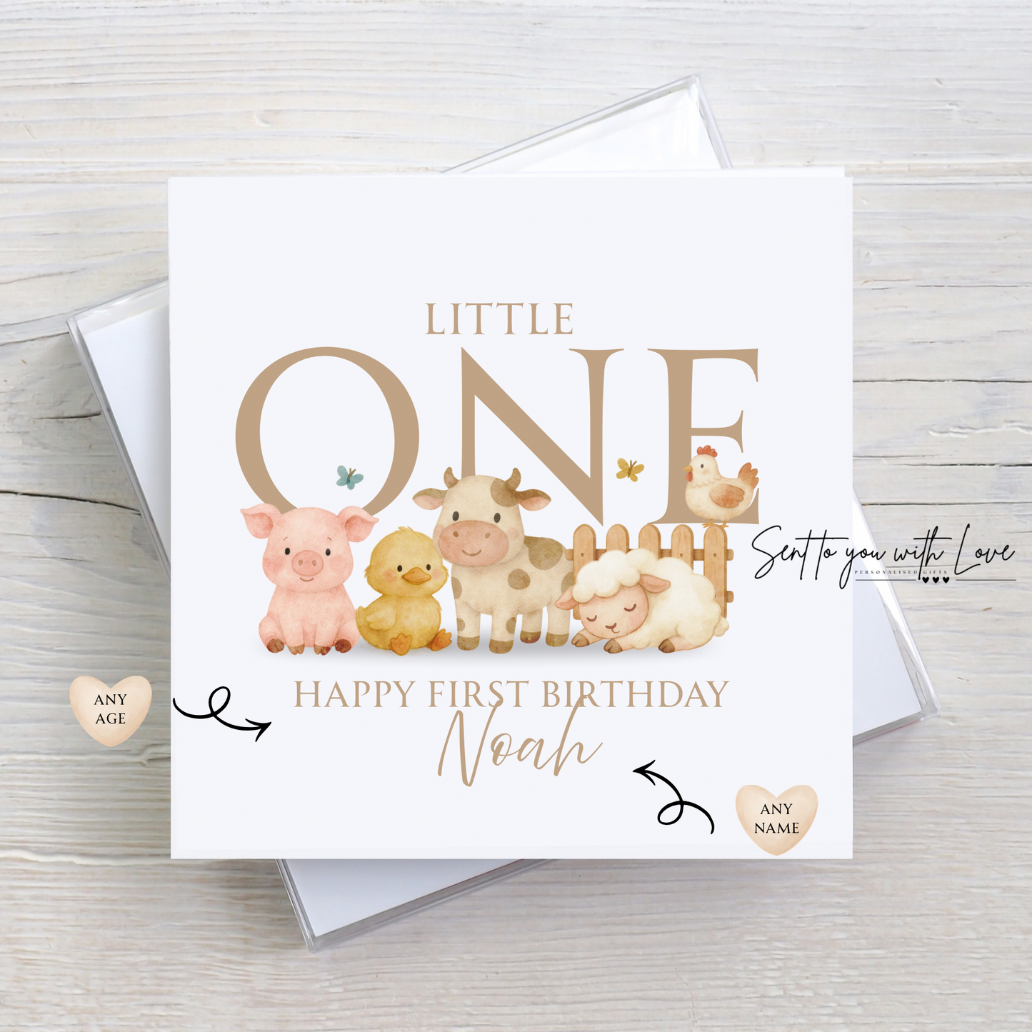 Personalised Farmyard Baby Animal Theme Birthday Card - Custom Any Name & Age