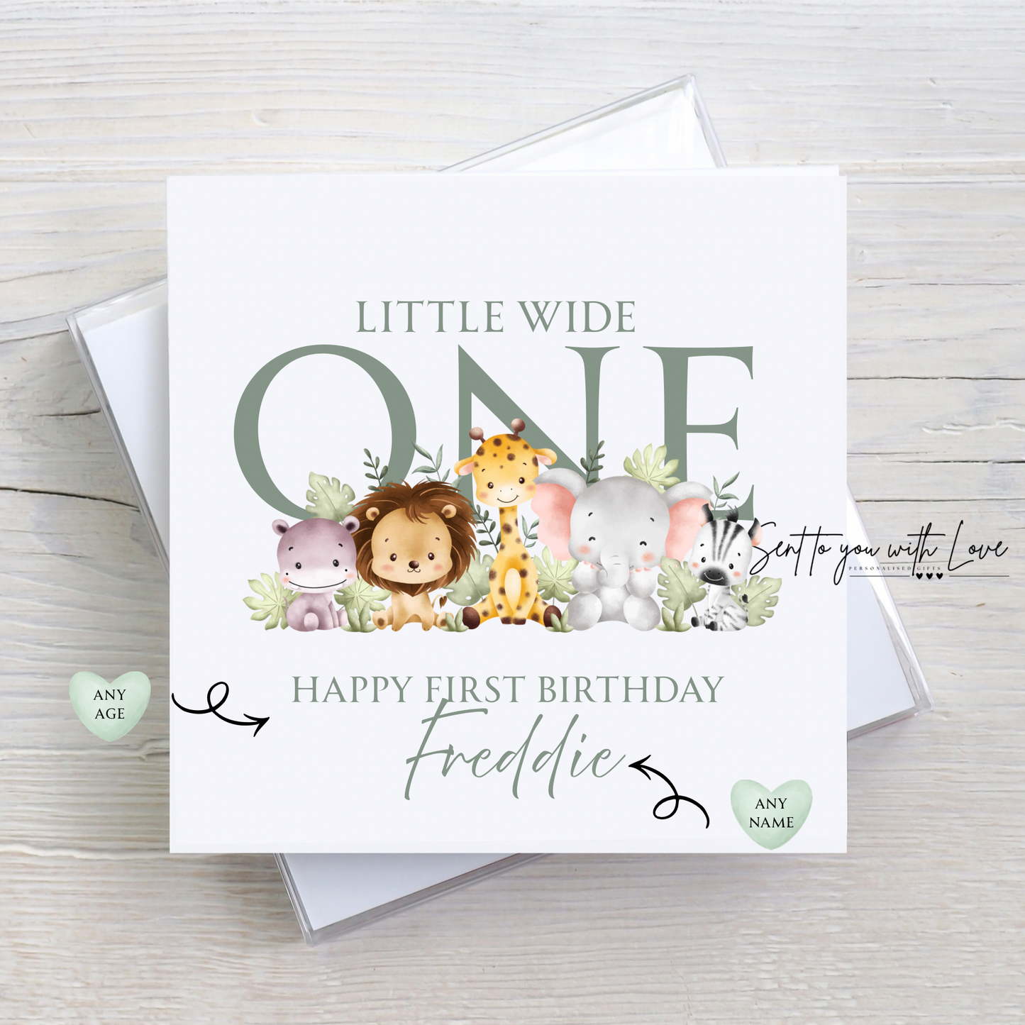Personalised Safari Baby Animal Theme Birthday Card - Custom Any Name & Age
