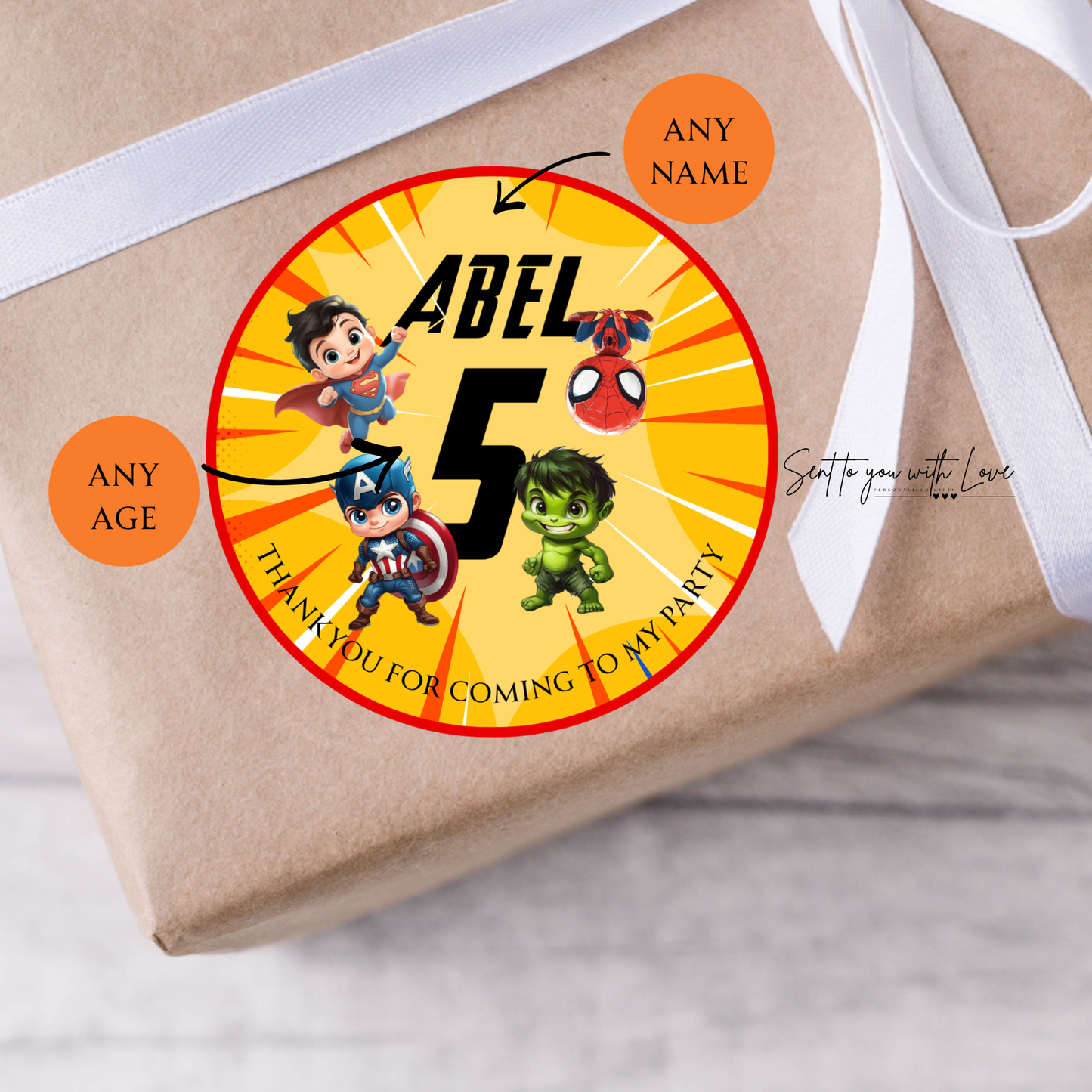 Personalised Superhero Marvel Birthday Stickers- Custom Name & Age Party Bags Stickers (24 per Sheet)