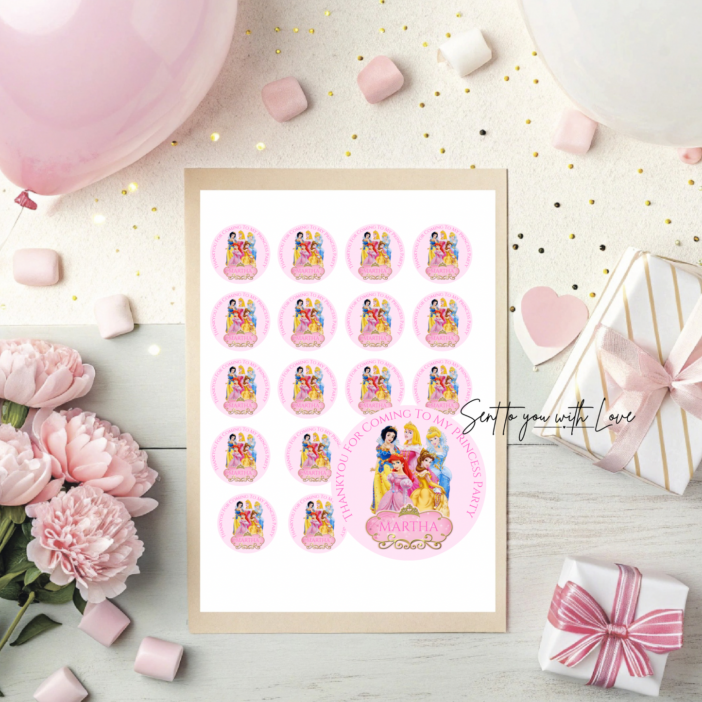 Personalised Princess Birthday Stickers-Custom Name Party Bags Stickers (24 per Sheet)