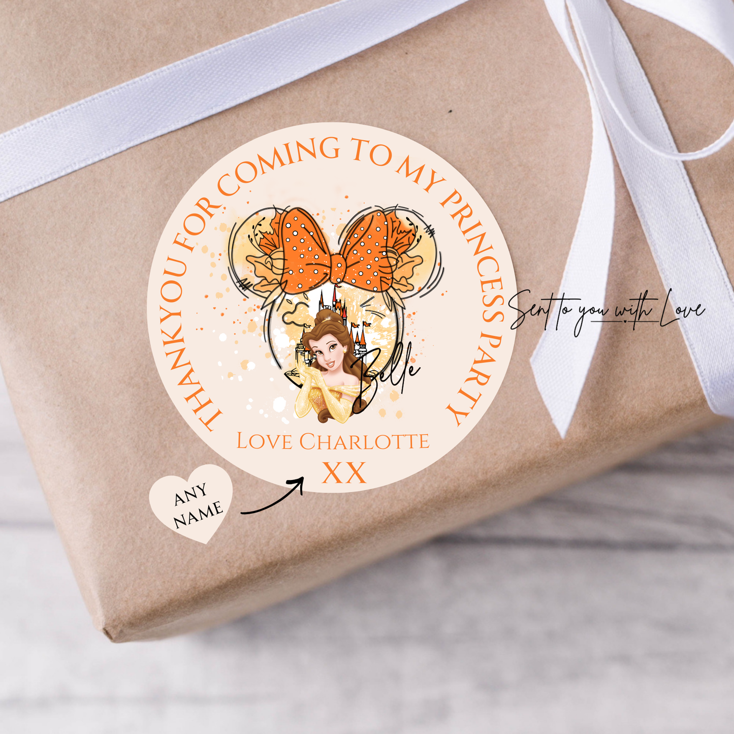 Personalised Belle Beauty & The Beast Princess Birthday Stickers-Custom Name Party Bags Stickers (24 per Sheet)