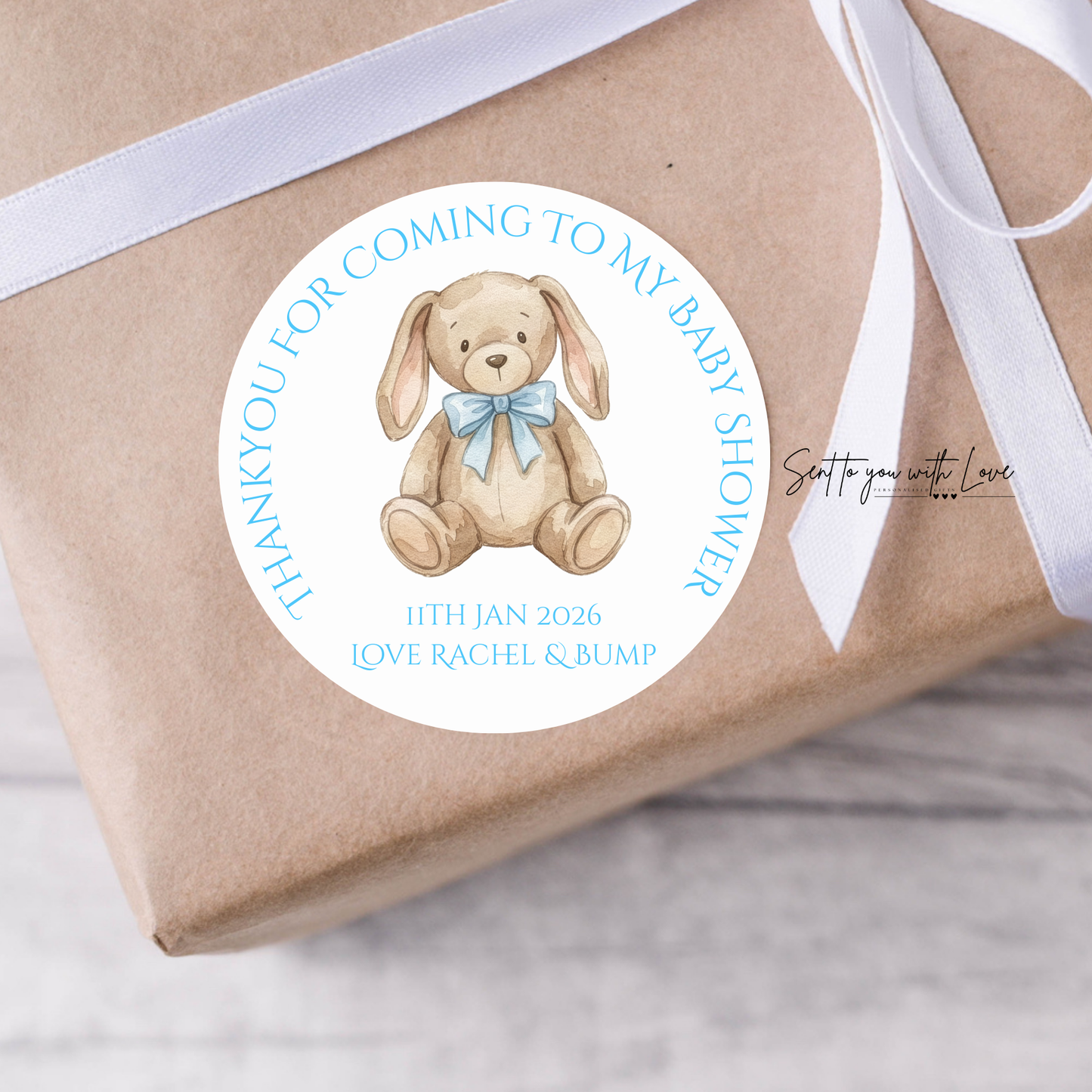 Personalised Blue Bunny Baby Shower Stickers- Custom Name & Date Party Favours (24 per Sheet)