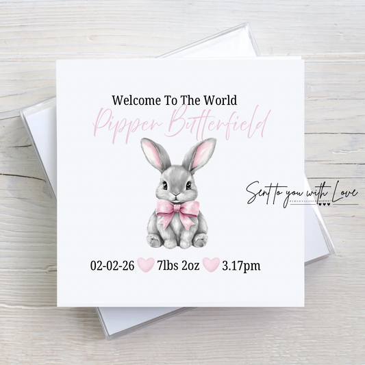 Personalised Baby Girl Bunny Welcome To The World Card- Custom Name, Time, Date of Birth & Weight