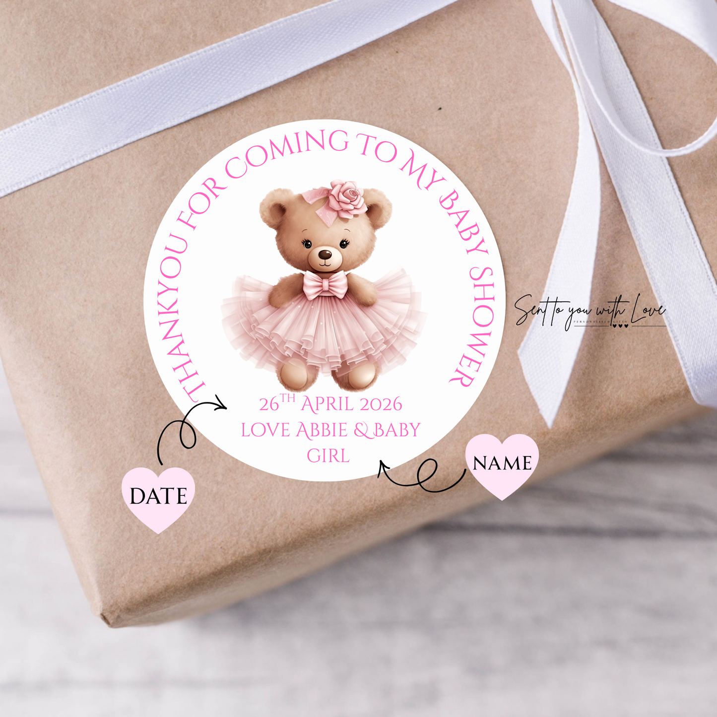 Personalised Pink Teddy Bear Baby Shower Stickers- Custom Name & Date Party Favours (24 per Sheet)