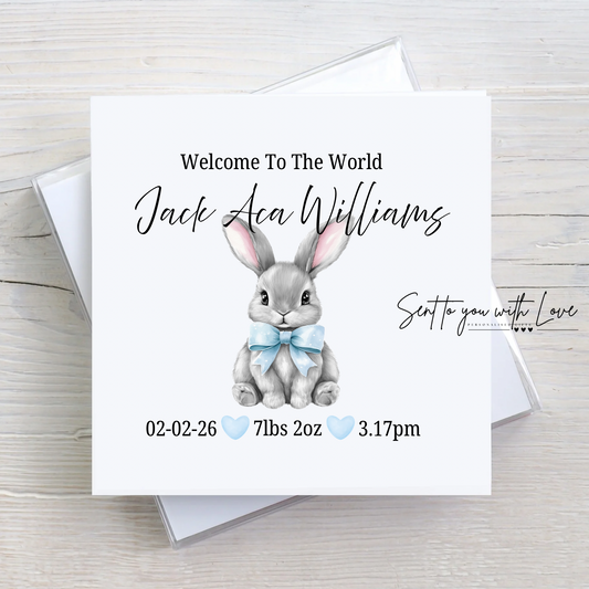 Personalised Baby Boy Bunny Welcome To The World Card- Custom Name, Time, Date of Birth & Weight