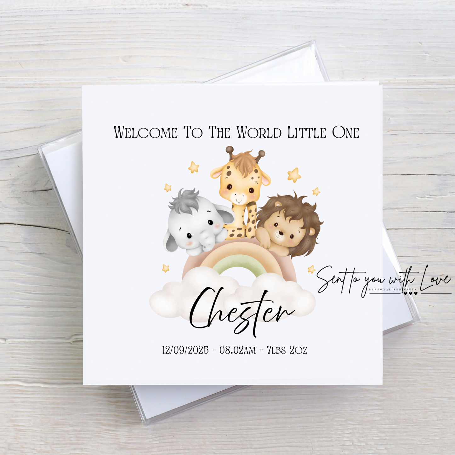 Personalised Baby Safari Theme Welcome To The World Card- Custom Name, Time, Date of Birth & Weight