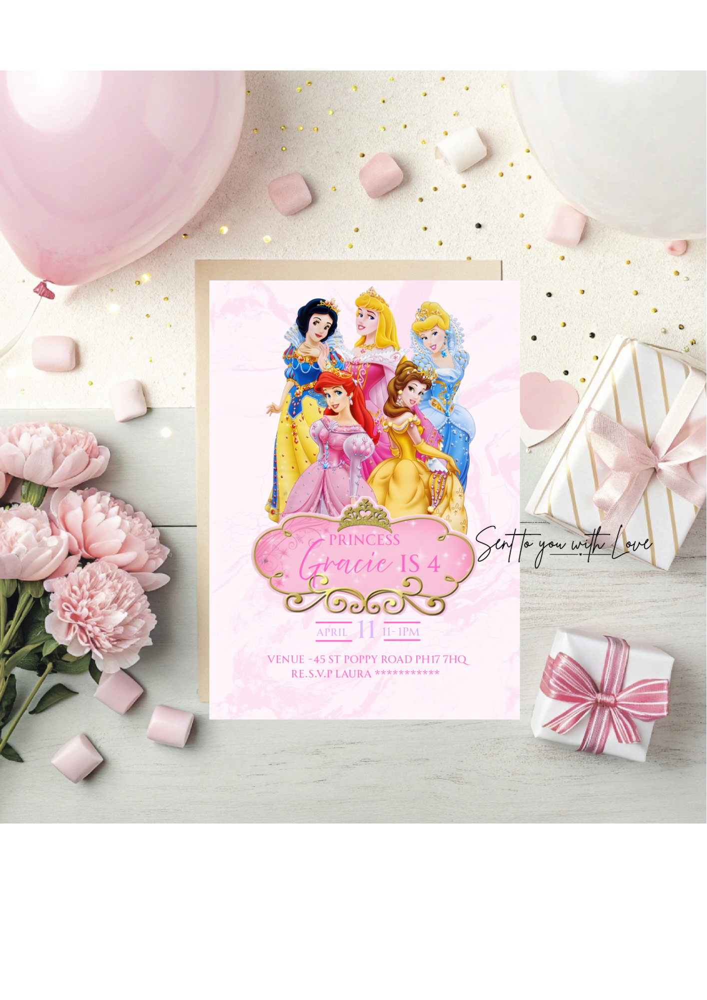Personalised Princess Birthday Invitations Custom Any Details - Name, Age , Venue (10 per pack)