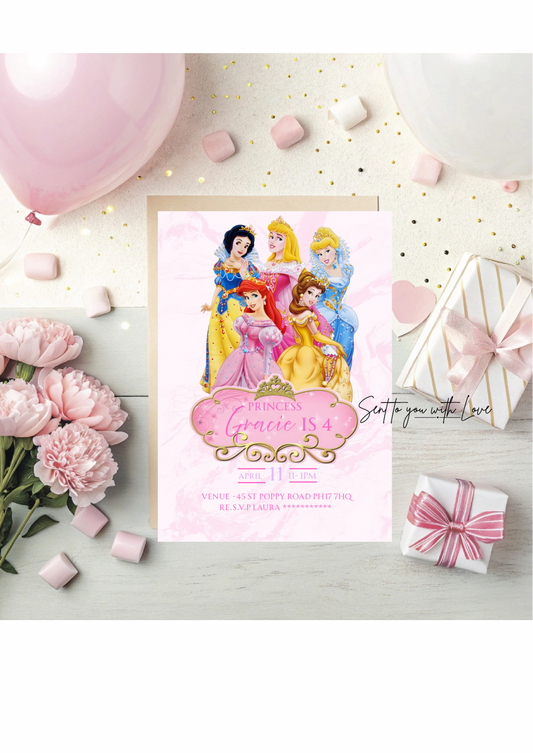 Personalised Princess Birthday Invitations Custom Any Details - Name, Age , Venue (10 per pack)