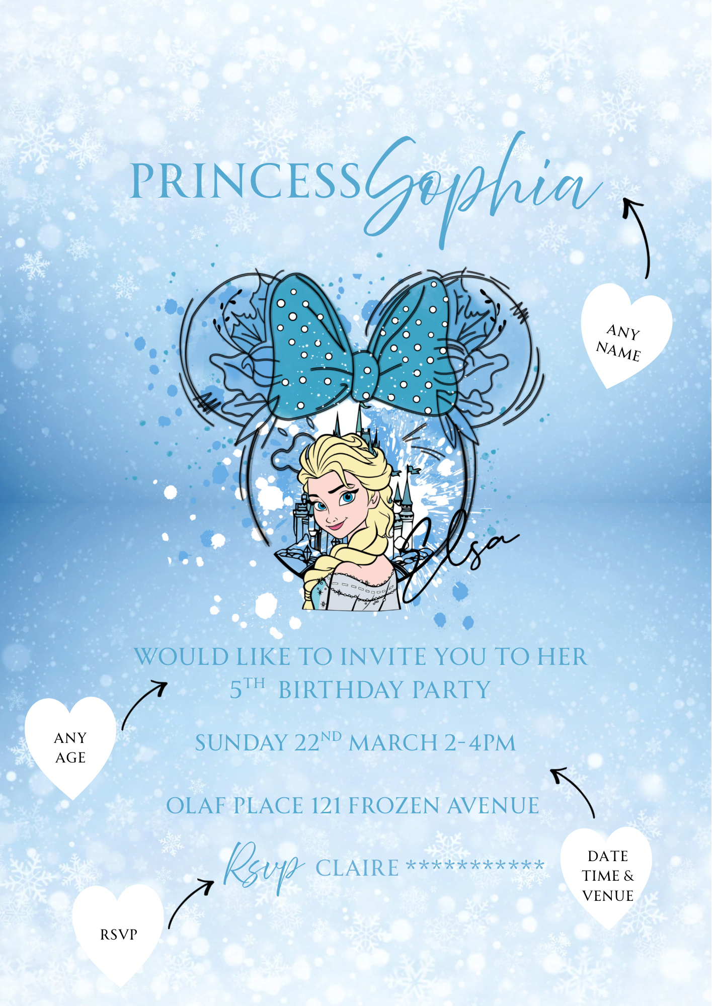 Personalised Frozen Elsa Princess Birthday Invitations Custom Any Details - Name, Age , Venue (10 per pack)
