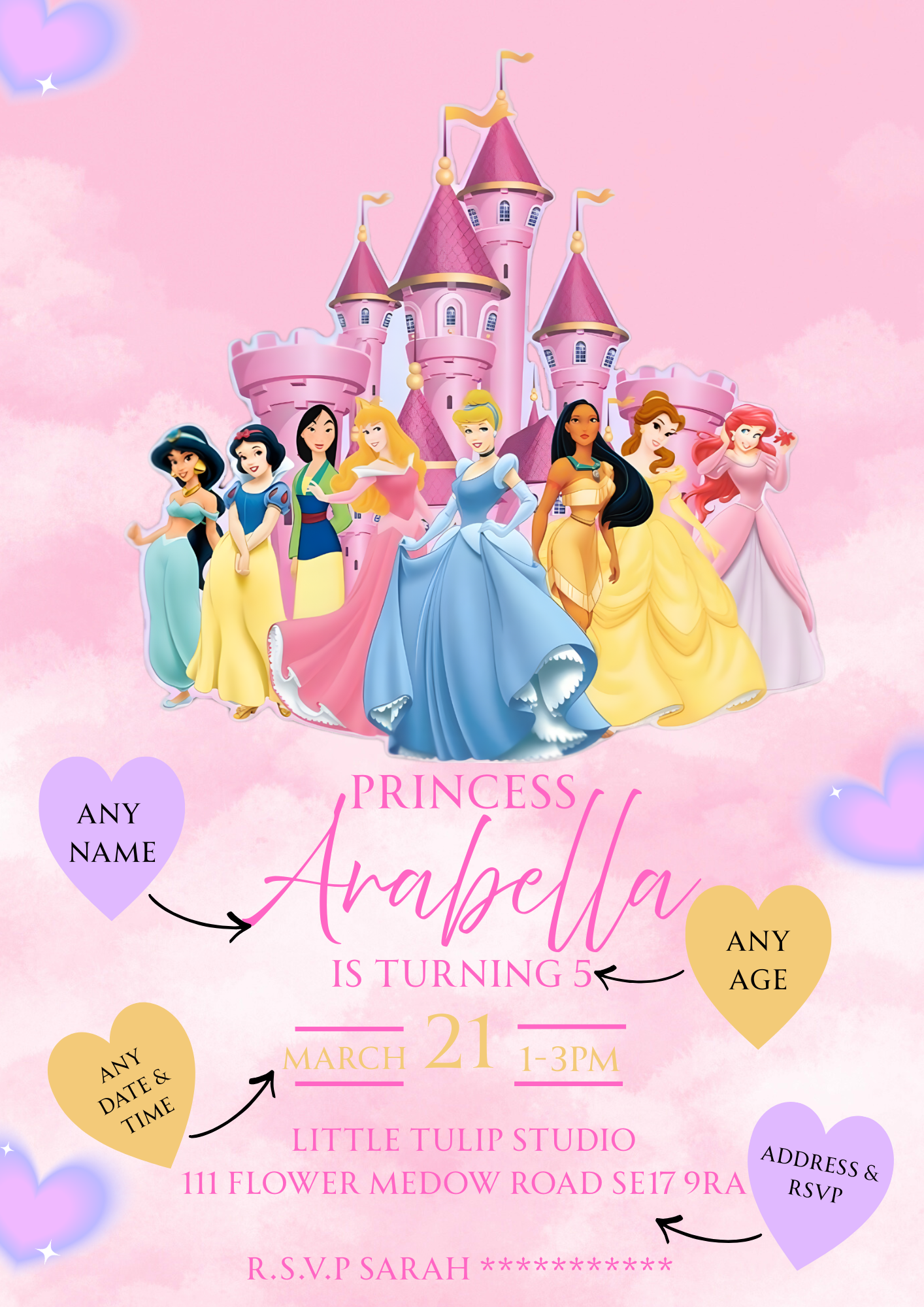 Personalised Princess Castle Birthday Invitations Custom Any Details - Name, Age , Venue (10 per pack)