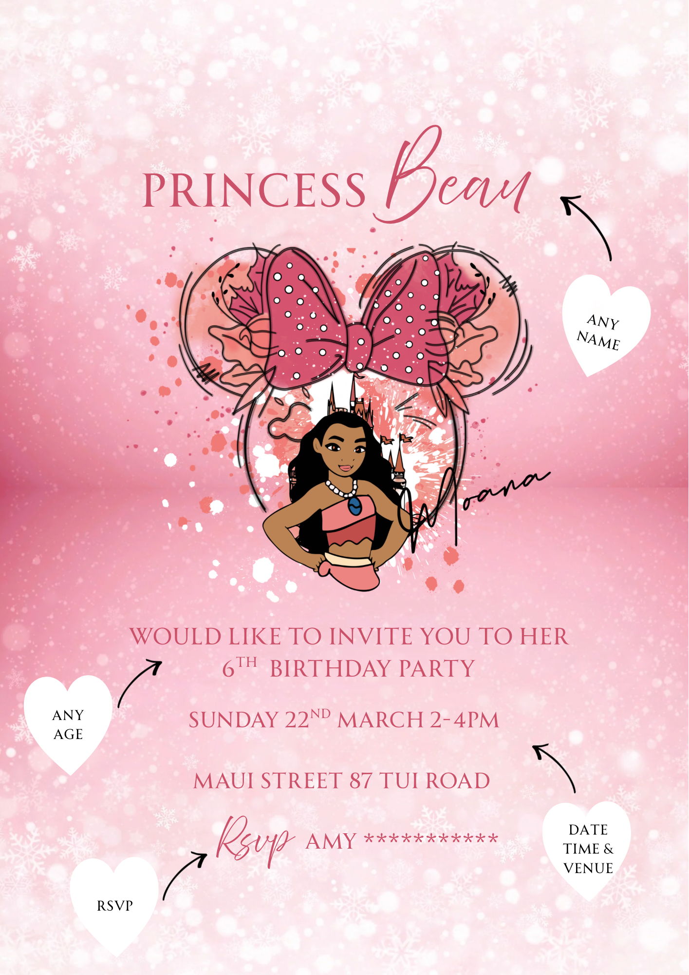 Personalised Moana Princess Birthday Invitations Custom Any Details - Name, Age , Venue (10 per pack)