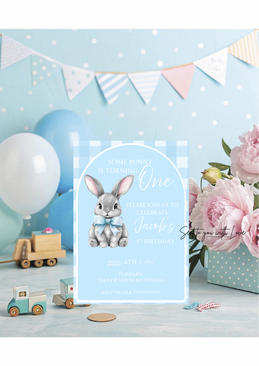 Personalised Bunny Blue Theme Birthday Invitations Custom Any Details - Name, Age, Venue (10 per pack)