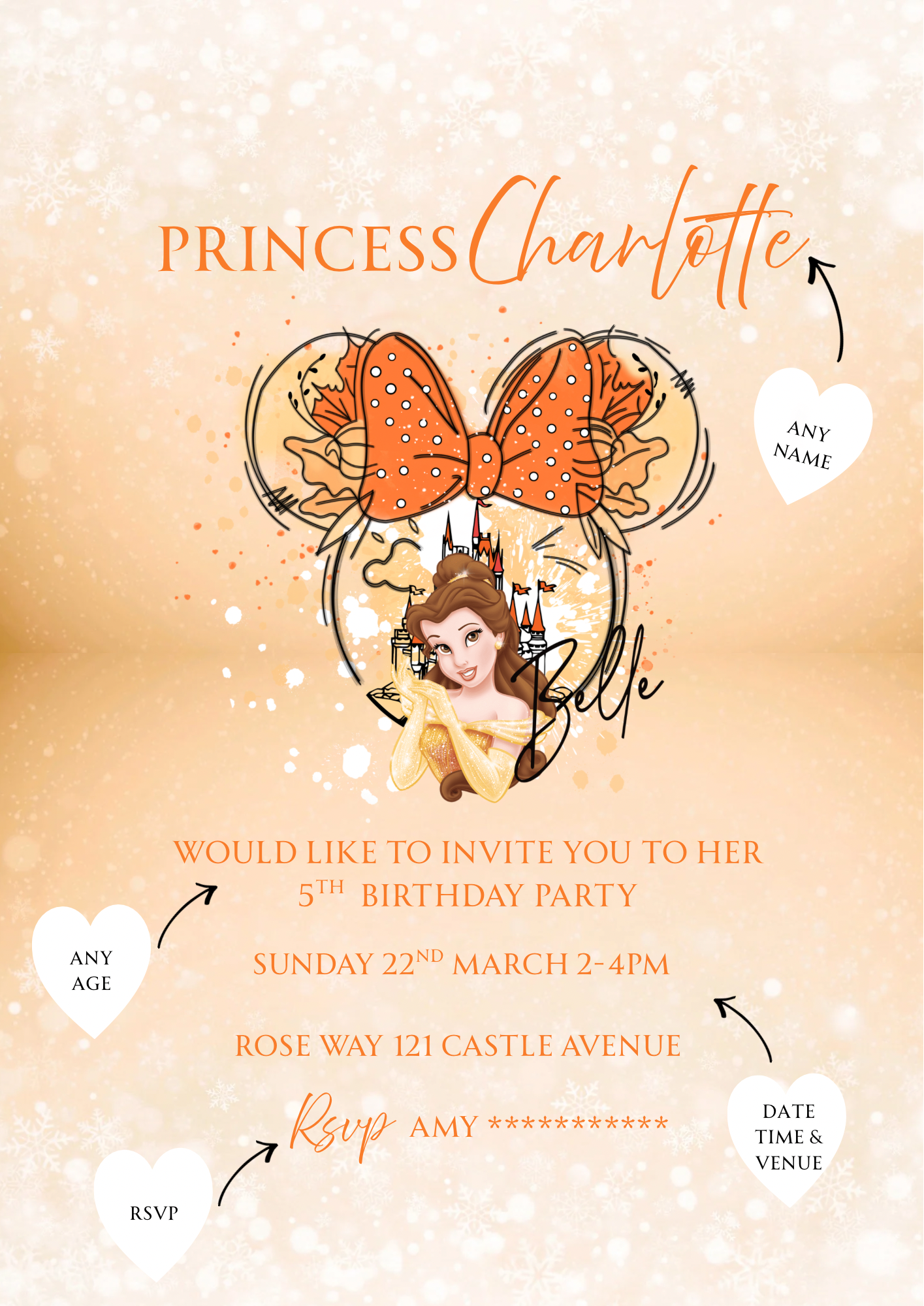 Personalised Beauty & The Beast Belle Princess Birthday Invitations Custom Any Details - Name, Age , Venue (10 per pack)