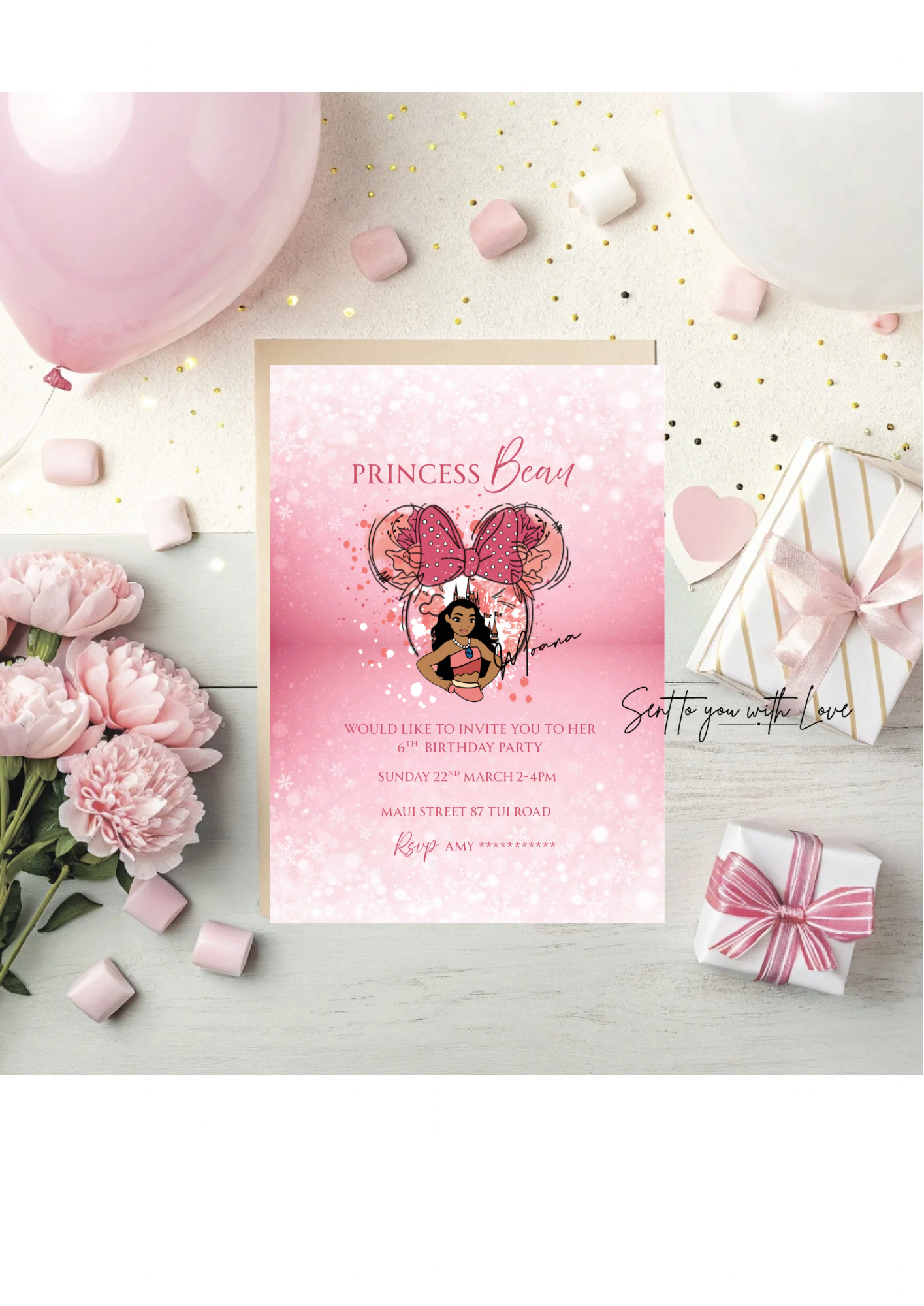 Personalised Moana Princess Birthday Invitations Custom Any Details - Name, Age , Venue (10 per pack)