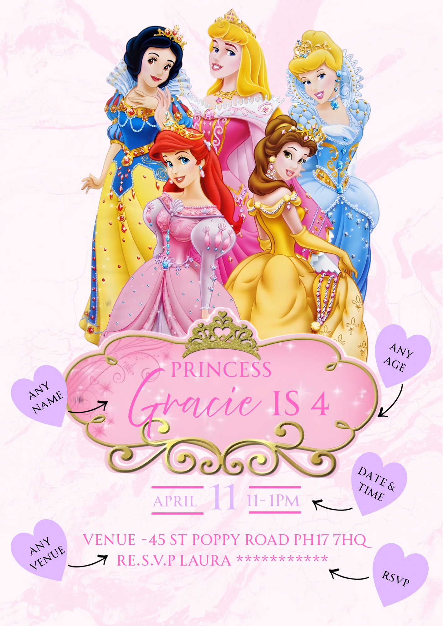 Personalised Princess Birthday Invitations Custom Any Details - Name, Age , Venue (10 per pack)