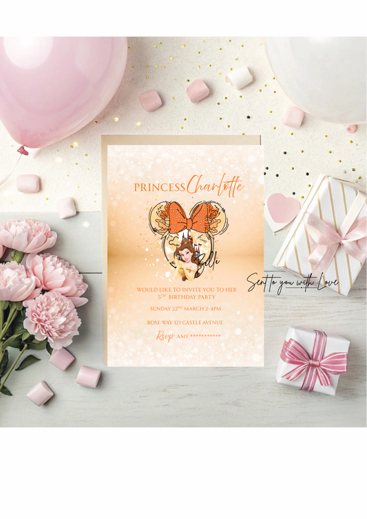 Personalised Beauty & The Beast Belle Princess Birthday Invitations Custom Any Details - Name, Age , Venue (10 per pack)