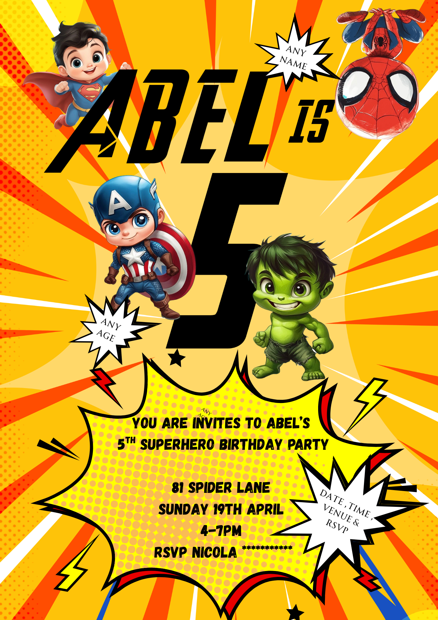 Personalised Marvel Superhero Birthday Invitations Custom Any Details - Name, Age , Venue (10 per pack)