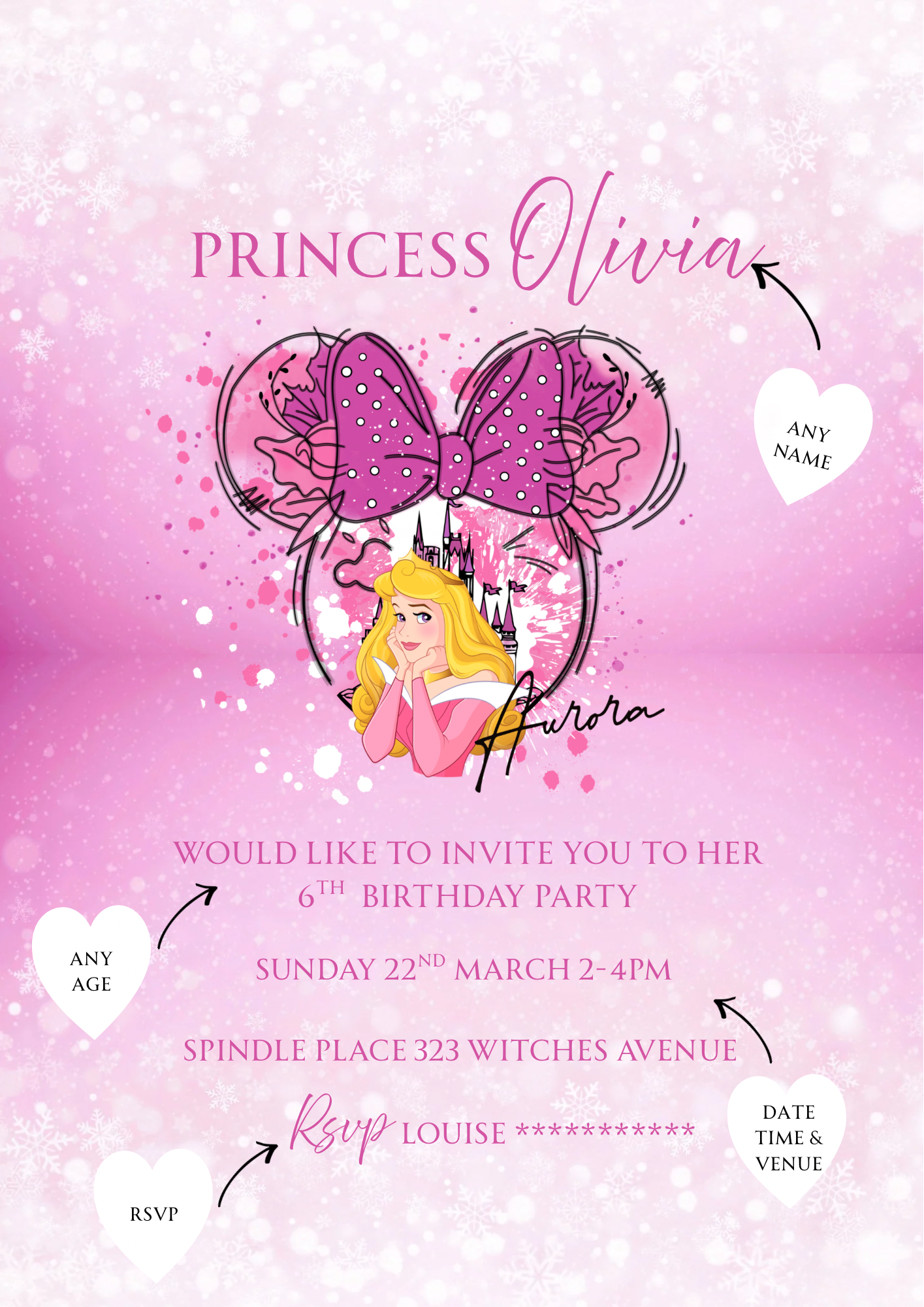 Personalised Sleeping Beauty Princess Birthday Invitations Custom Any Details - Name, Age , Venue (10 per pack)