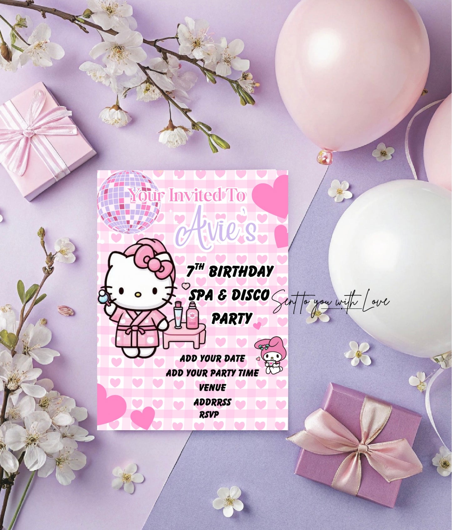 Personalised Hello Kitty Theme Birthday Invitations Custom Any Details - Name, Age , Venue (10 per pack)