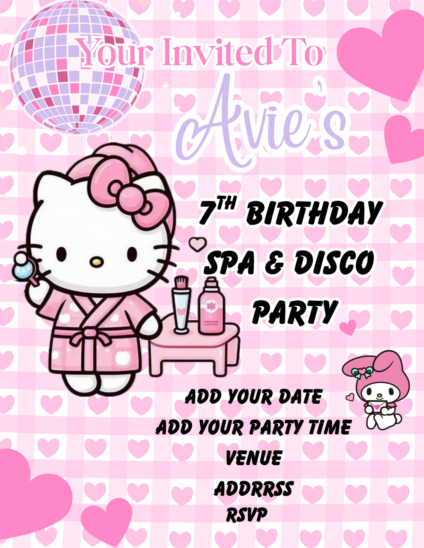 Personalised Hello Kitty Theme Birthday Invitations Custom Any Details - Name, Age , Venue (10 per pack)