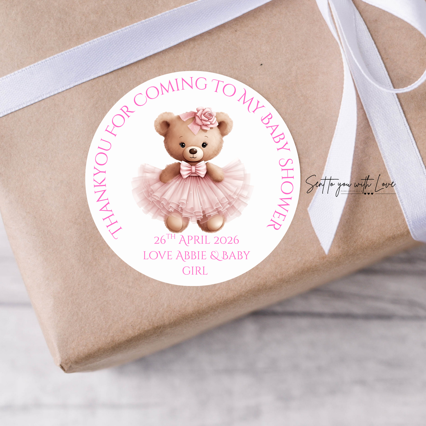 Personalised Pink Teddy Bear Baby Shower Stickers- Custom Name & Date Party Favours (24 per Sheet)