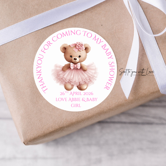 Personalised Pink Teddy Bear Baby Shower Stickers- Custom Name & Date Party Favours (24 per Sheet)