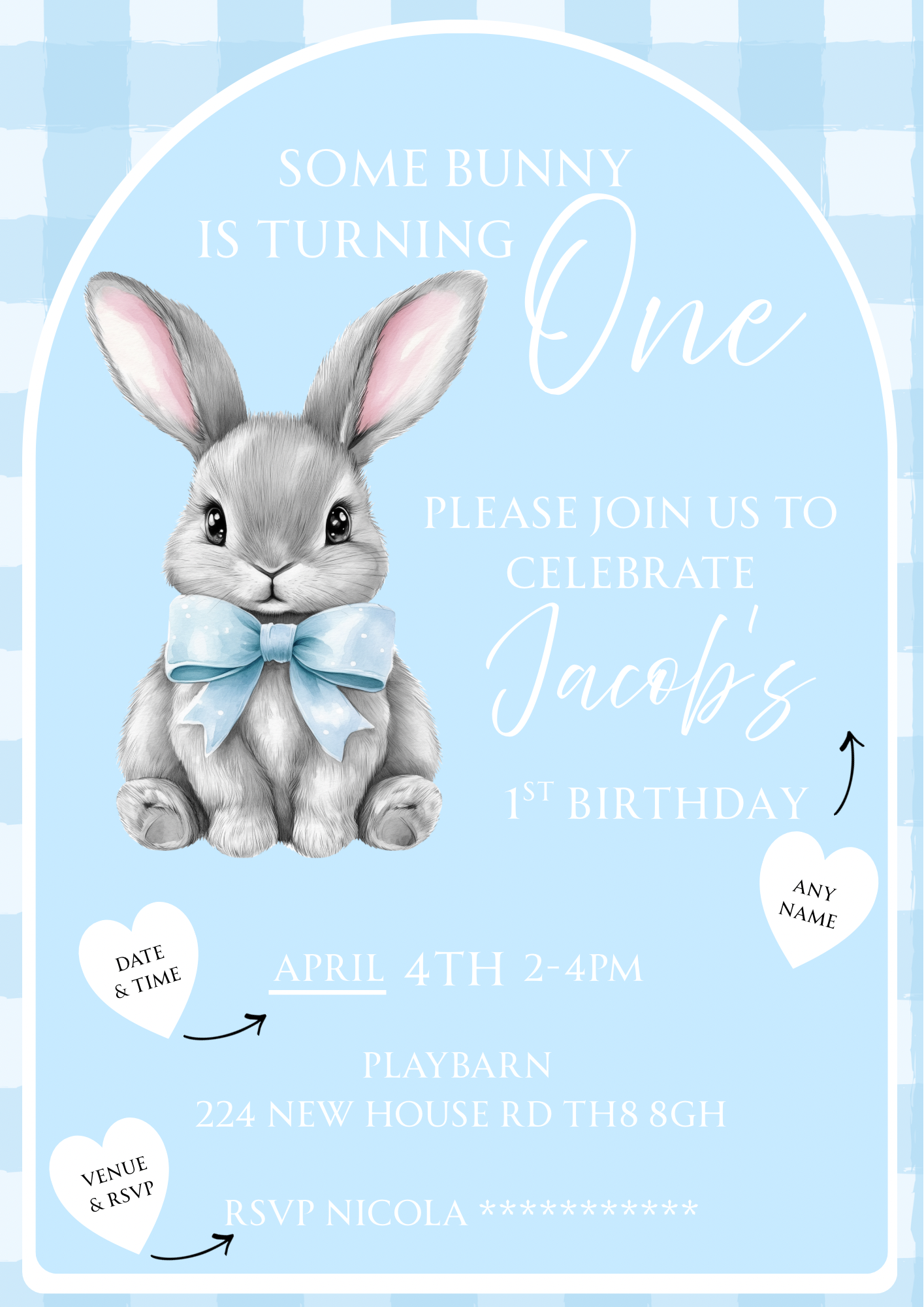 Personalised Bunny Blue Theme Birthday Invitations Custom Any Details - Name, Age, Venue (10 per pack)