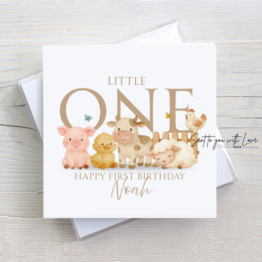 Personalised Farmyard Baby Animal Theme Birthday Card - Custom Any Name & Age