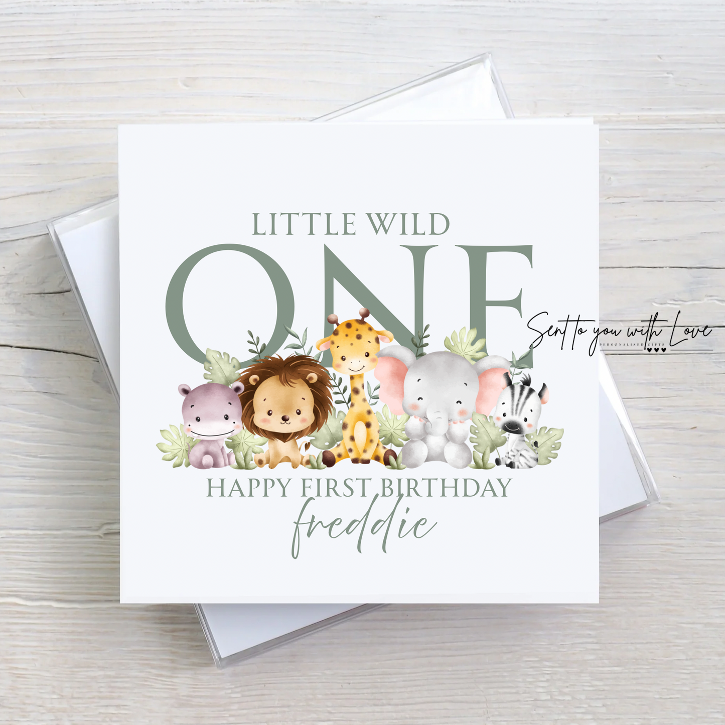 Personalised Safari Baby Animal Theme Birthday Card - Custom Any Name & Age