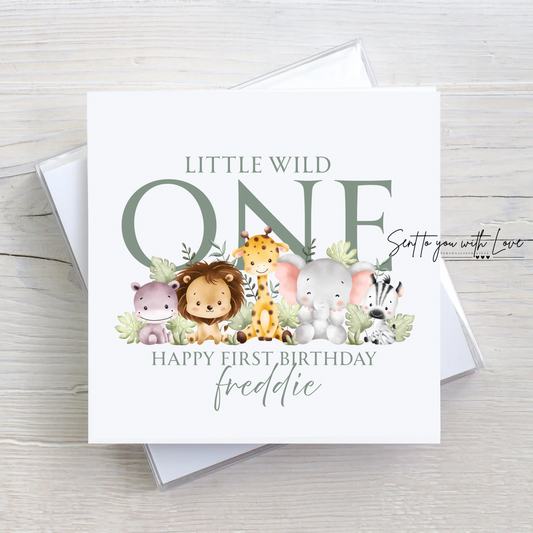 Personalised Safari Baby Animal Theme Birthday Card - Custom Any Name & Age