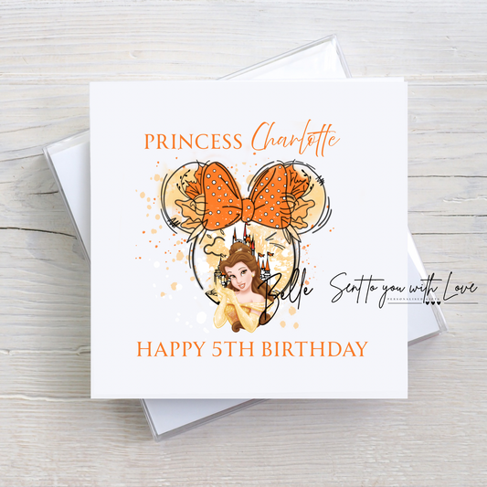 Personalised Beauty & The Beast BellePrincess Birthday Card- Custom Any Name & Age