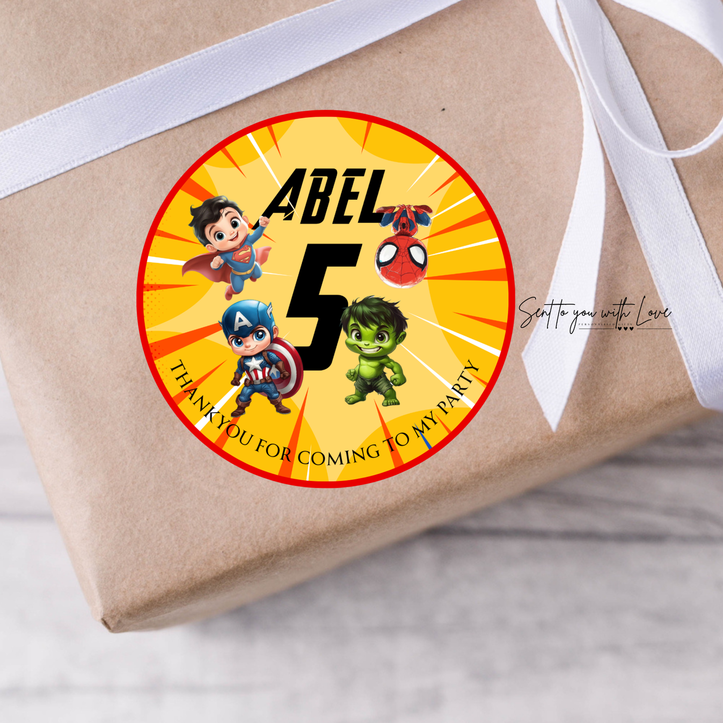 Personalised Superhero Marvel Birthday Stickers- Custom Name & Age Party Bags Stickers (24 per Sheet)