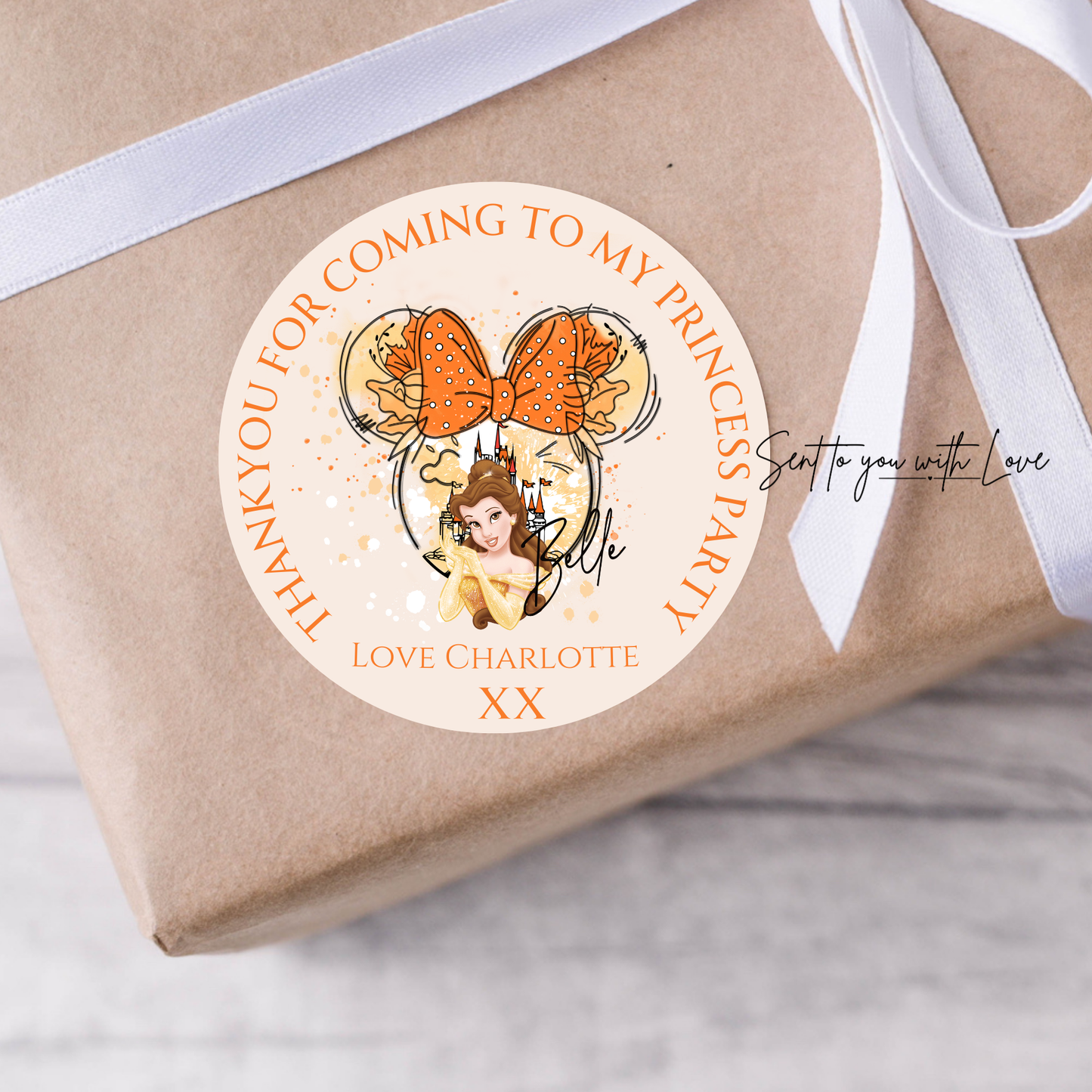 Personalised Belle Beauty & The Beast Princess Birthday Stickers-Custom Name Party Bags Stickers (24 per Sheet)