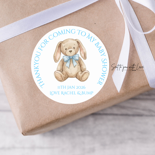 Personalised Blue Bunny Baby Shower Stickers- Custom Name & Date Party Favours (24 per Sheet)