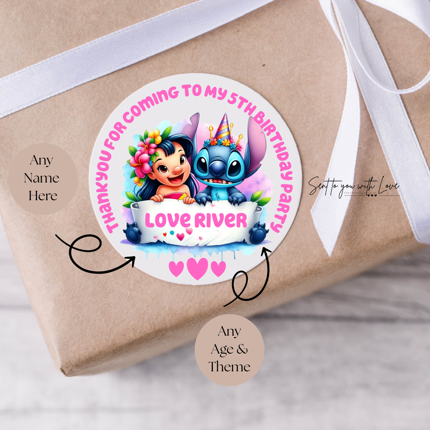Personalised Lilo & Stitch Birthday Stickers-Custom Name Party Bags Stickers (24 per Sheet)