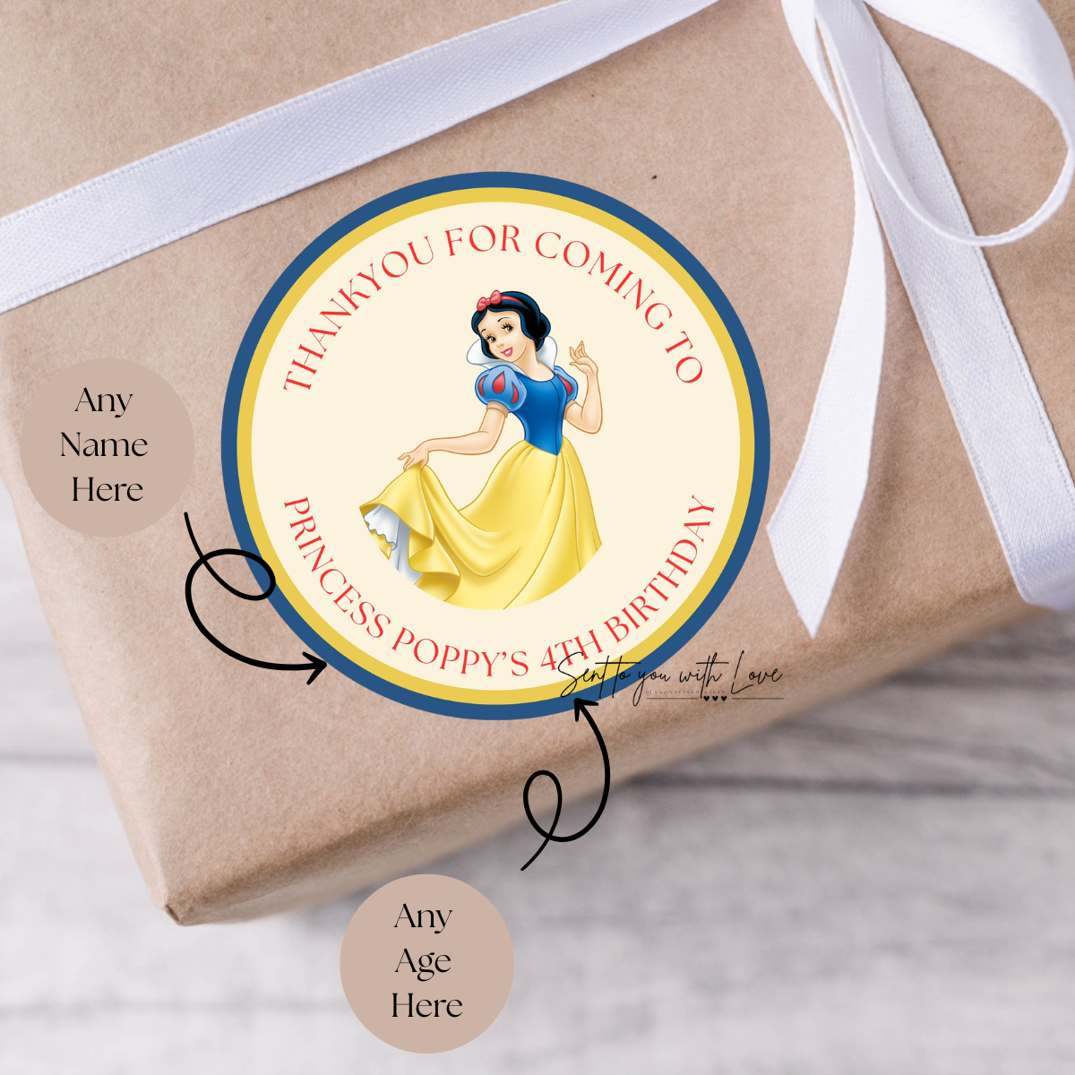 Personalised Princess Birthday Stickers – Custom Name & Age Party Bag Stickers (24 per Sheet)