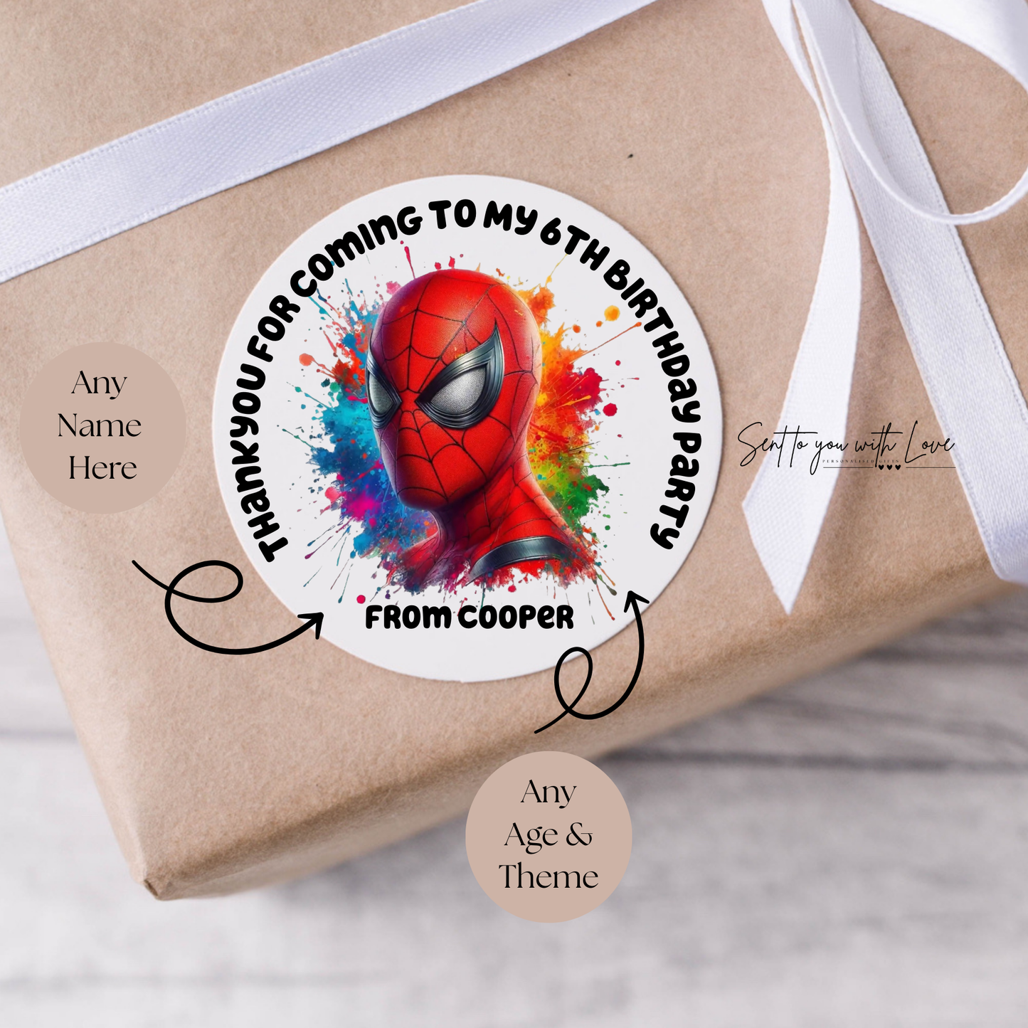 Personalised Spider-Man Birthday Stickers- Custom Name & Age Party Bags Stickers (24 per Sheet)